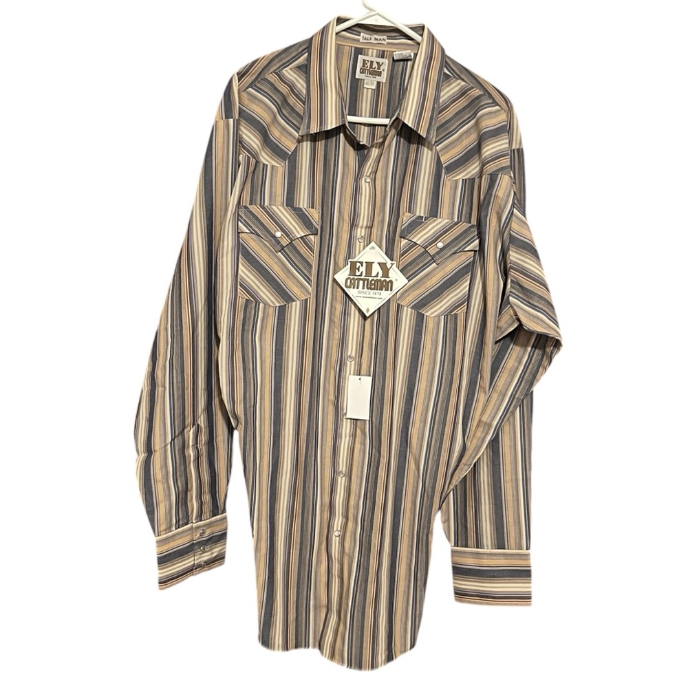 ELY MEN WESTERN SHIRT NWT SZ 2XLT-TL BLUE TAN WHITE STRIP PEARL SNAP POCKET
